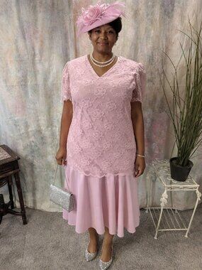 VTG 📌Gilberti  80s Mother-off-the-Bride Lace Drop Waist Dress Short Sleeves